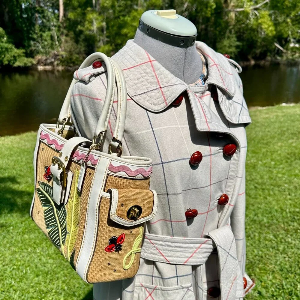 Coach Vintage Ladybug Applique Boxy Straw Tote Limited Edition 2004 Natural 4439